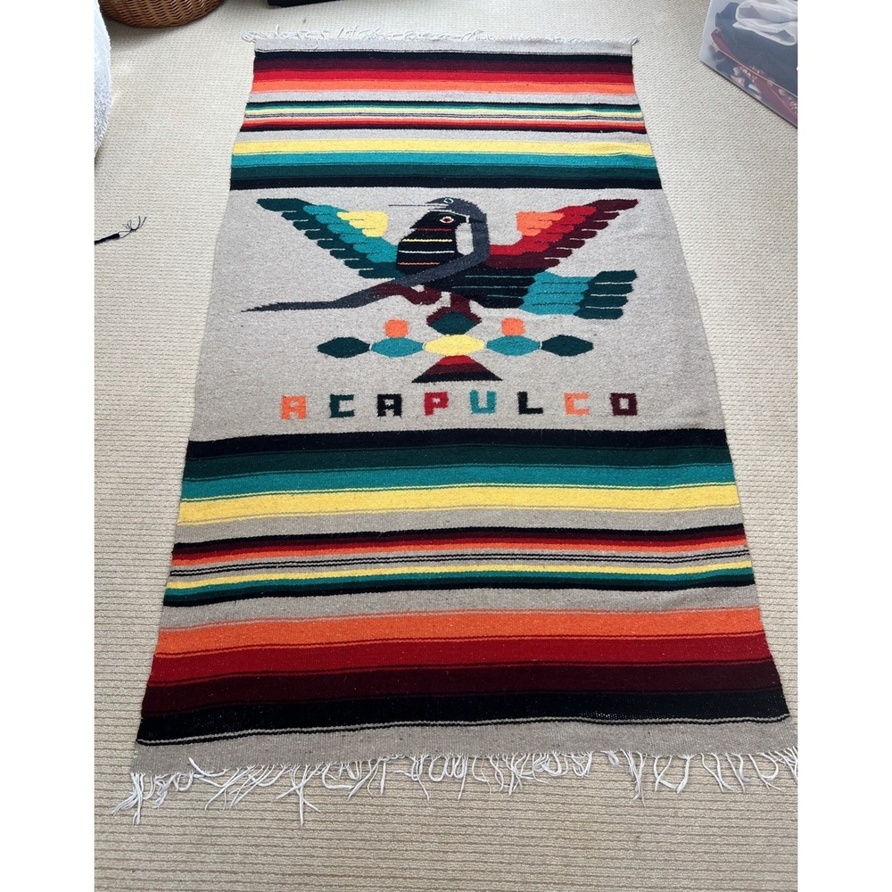 Vintage Handwoven Mexican Eagle Snake Blanket Serape Rug Throw Aztec 82"x 47.5"